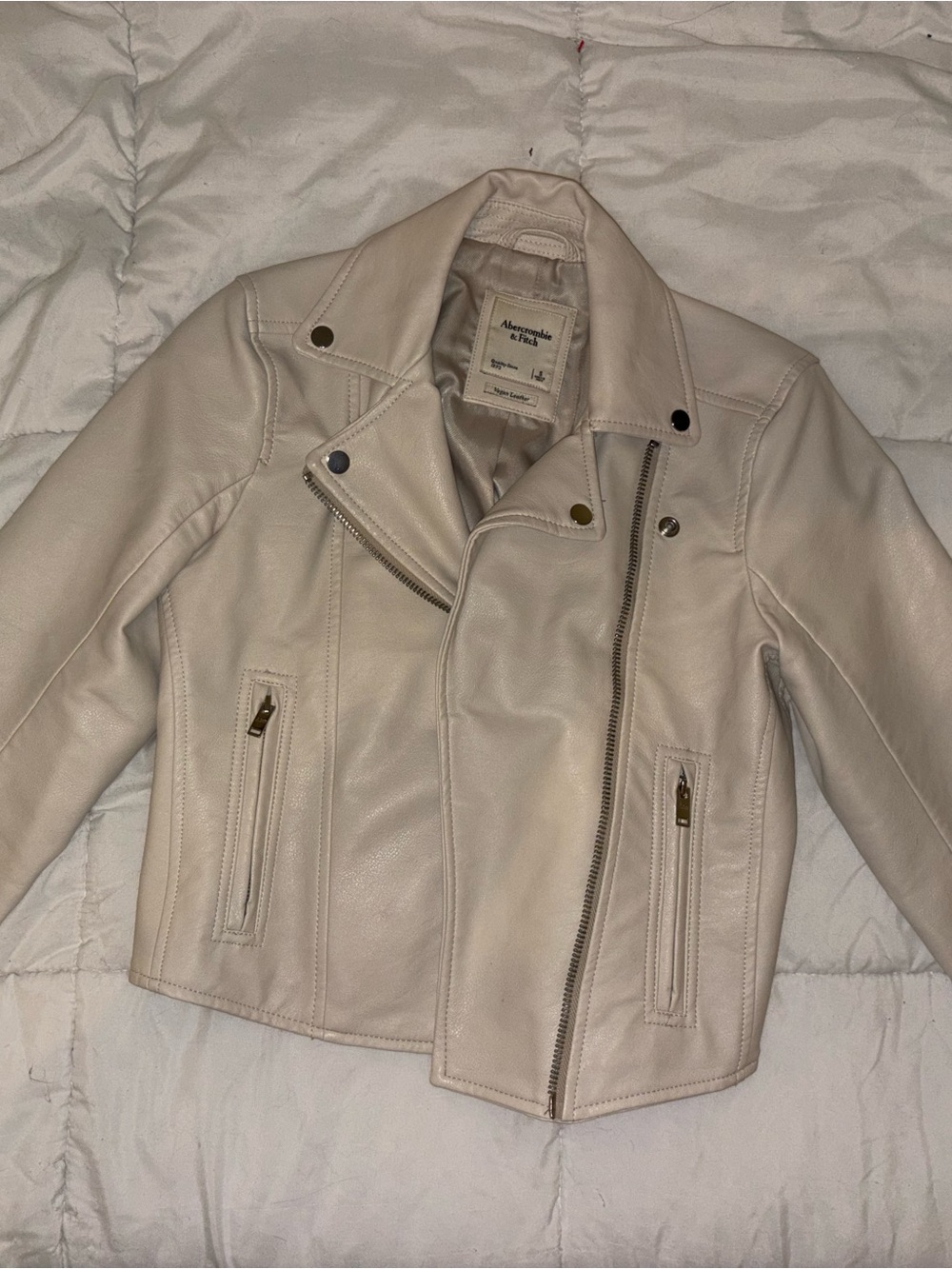 Abercrombie & Fitch Cream Asymmetrical Leather Moto Jacket